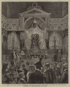 De dood van koning Victor Emmanuel, het lichaam van de koning ligt opgebaard in de Chapelle Ardente van het Quirinaal, in Rome door English School