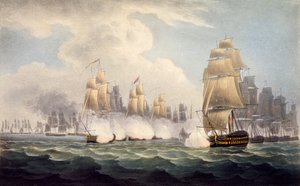 De Nederlaag van de Fransen onder Linois door Commodore Dances Squadron, 15 februari 1804, uit The Naval Chronology of Great Britain, door J. Ralfe