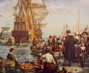 Het Vertrek van de Pelgrim Fathers in 1620, illustratie uit 