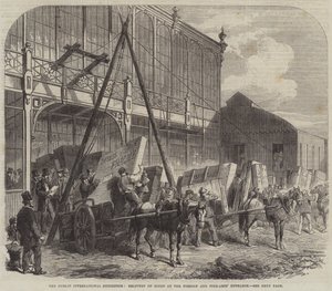 De Dublin International Exhibition, levering van goederen bij de ingang van buitenlandse en schone kunsten (gravure)