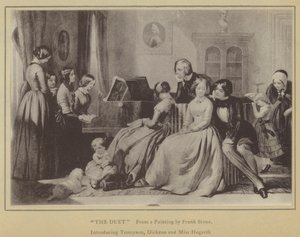 Het Duet, naar een schilderij van Frank Stone, met Tennyson, Dickens en Miss Hogarth door English School