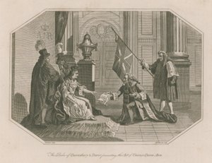 De hertog van Queensbury en Dover presenteren de Act of Union aan koningin Ann