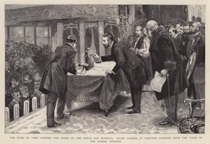 De hertog van York opent de deuren van het Royal Eye Hospital, Zuid-Londen, met elektrische stroom vanaf het podium van het Surrey Theatre