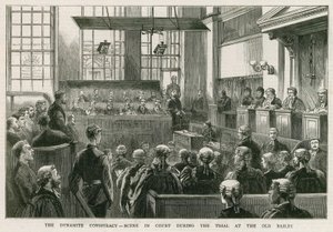 Het Dynamietcomplot, scène in de rechtbank tijdens het proces in de Old Bailey