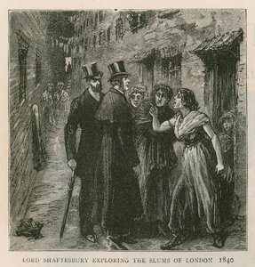 De graaf van Shaftesbury; de sloppenwijken van Londen verkennend, 1840 door English School