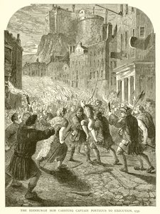 De menigte van Edinburgh draagt kapitein Porteous naar de executie, 1737 door English School