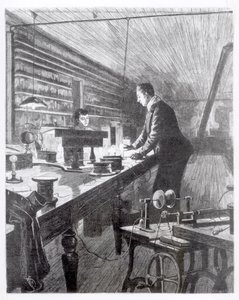 Het elektrische licht, de heer Edison (1847-1931) in zijn laboratorium door English School