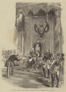De keizer van Rusland op zijn troon, in het keizerlijk paleis, Sint-Petersburg door English School