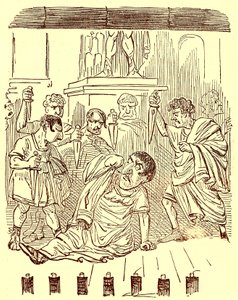 Het einde van Julius Caesar, illustratie uit De Komische Geschiedenis van Rome door Gilbert Abbott a Beckett, gepubliceerd ca. 1850 door English School