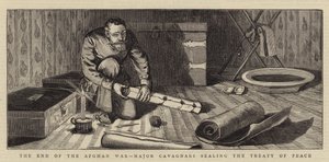 Het einde van de Afghaanse oorlog, majoor Cavagnari die het vredesverdrag bezegelt door English School