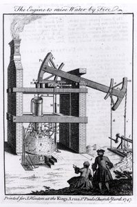 De machine om water door vuur op te heffen, een diagram van Newcomens stoommachine voor het Universal Magazine, 1747 door English School
