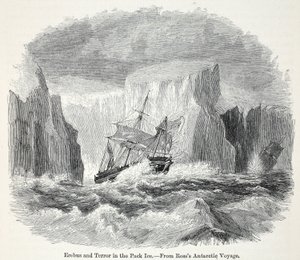 De Erebus en de Terror tussen ijsbergen