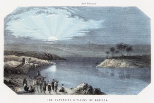 De Eufraat en vlaktes van Babylon (gekleurde gravure) door English School