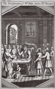 Het verhoor van Wm Hale voor bisschop Bonner, illustratie uit Foxes Martelaren ca. 1703 door English School