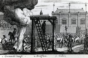 De executie van Oliver Cromwell, John Bradshaw en Henry Ireton, c.1661 door English School