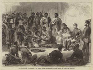 De Expeditie naar Abessinië, Sir Robert Napier vermaakt door de Prins van Tigre (gravure) door English School