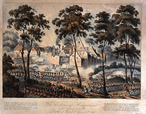 Het exterieur van Hougoumont aan het begin van de Slag bij Waterloo, 18 juni 1815, gegraveerd door T. Sutherland, uitgegeven 1816 (aquatint)