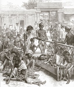 De hongersnood in India: Inheemsen wachten op hulp in Bangalore, oktober 1877 door English School