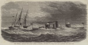 De Federale Pantserboot Monadnock sleept een Gehandicapte Kanonneerboot in een Storm bij Kaap Hatteras door English School