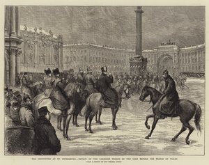 De festiviteiten in Sint-Petersburg, inspectie van de garnizoentroepen door de tsaar voor de prins van Wales (gravure) door English School
