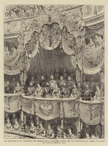 De festiviteiten in Sint-Petersburg, de keizerlijke loge in de opera tijdens de galavoorstelling van "Romeo en Julia" (gravure) door English School