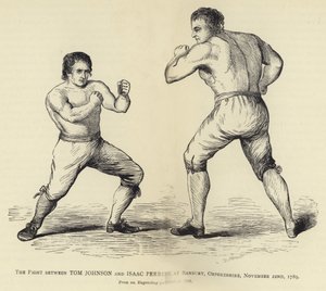 Het gevecht tussen Tom Johnson en Isaac Perrins, in Banbury, Oxfordshire, 22 november 1789, naar een gravure gepubliceerd in 1790