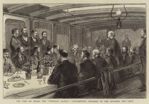 De brand aan boord van de "Windsor Castle", beloningen uitdelen aan de officieren en bemanning (gravure) door English School
