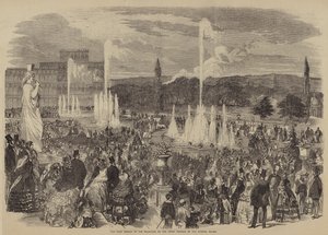 De eerste vertoning van de fonteinen op het bovenste terras van het Crystal Palace (gravure) door English School
