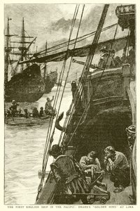 Het eerste Engelse schip in de Stille Oceaan: Drakes Golden Hind in Lima door English School