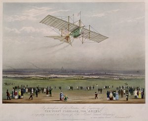 De vliegmachine, de Ariel, naar ontwerpen van W.S. Henson, uitgegeven door Ackermann & Co., 1843