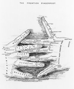 De Grenswegwijzer die de Noordwestelijke Grens van Brits-Indië aangeeft, uit Wapenhandel en de Noordwestelijke Grens door Arnold Keppel, gepubliceerd 1911 door English School