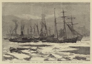 De Vorst, drijvend IJs op de Theems bij de Custom House Quay (gravure)