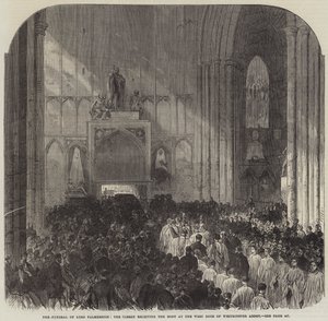 De Begrafenis van Lord Palmerston, de Geestelijkheid ontvangt het Lichaam bij de Westdeur van Westminster Abbey (gravure) door English School