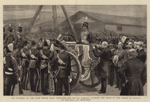 De begrafenis van wijlen prins Louis Napoleon, de hertog van Bassano, die het kruis van het Legioen van Eer aan de lijkwade bevestigt, in Woolwich door English School