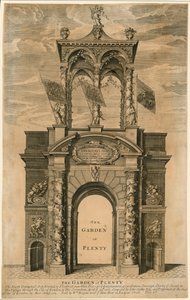 De tuin van overvloed; Triomfboog opgericht in Fleet Street, nabij Whitefriars, Londen door English School