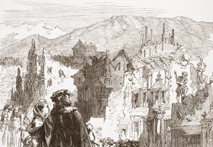 De Genevenaren vernietigen de buitenwijken van hun stad, illustratie uit De Geschiedenis van het Protestantisme door James Aitken Wylie, gepubliceerd in 1878 door English School