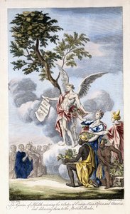 De Genius van Gezondheid ontvangt Europa, Azië, Afrika en Amerika en levert hen aan de Britse lezer, 1756-1757 door English School