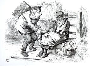 De Duitse Handelsreiziger die marktaandelen steelt van de Britse handel, karikatuur uit Punch, The London Charivari, 5 september 1896