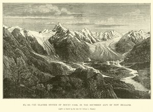 Het gletsjersysteem van Mount Cook, in de Zuidelijke Alpen van Nieuw-Zeeland door English School