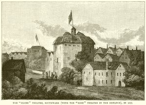 Het Globe Theater, Southwark (Met het Rose Theater in de Verte), in 1613 door English School