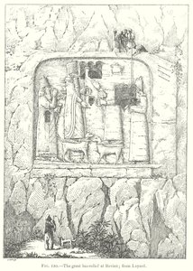 Het grote bas-reliëf in Bavian; van Layard (gravure) door English School