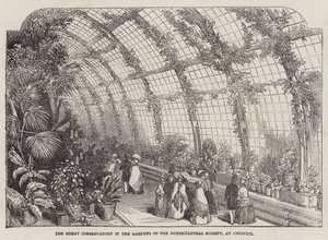 De grote kas in de tuinen van de Horticultural Society, in Chiswick (gravure) door English School
