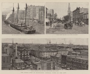 De grote brand in Milwaukee, algemene uitzichten van de stad (gravure) door English School