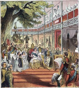 De Grote Londense Expo in Hyde Park in 1851. Grote Tentoonstelling van 1851. Een glazen paleis werd gebouwd in Hyde Park om vele dingen van verschillende naties wereldwijd tentoon te stellen in 1851 door English School