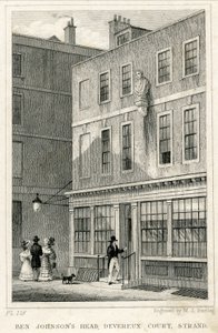 The Grecian Coffee House, Devereux Court, Strand, met een buste van Ben Johnson (gravure)