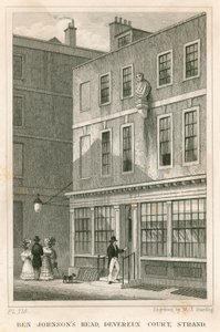 The Grecian Coffee House, Devereux Court, Strand, met een buste van Ben Johnson door English School