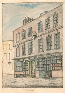 The Grecian Coffee House, Devereux Court, Strand, met een buste van Ben Johnson