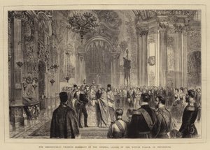 De Grieks-Russische Huwelijksceremonie in de Keizerlijke Kapel van het Winterpaleis, St. Petersburg (gravure)
