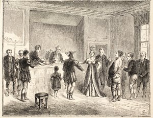 De Hand en Schaar, Een Zaak voor het Pie-Poudre Hof, naar een tekening uit 1811 door English School