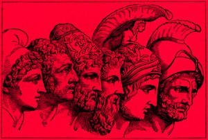 De helden van de Trojaanse oorlog: Paris, Diomedes, Odysseus, Nestor, Achilles, Agamemnon, illustratie uit De Geïllustreerde Geschiedenis van de Wereld, gepubliceerd ca. 1880 door English School